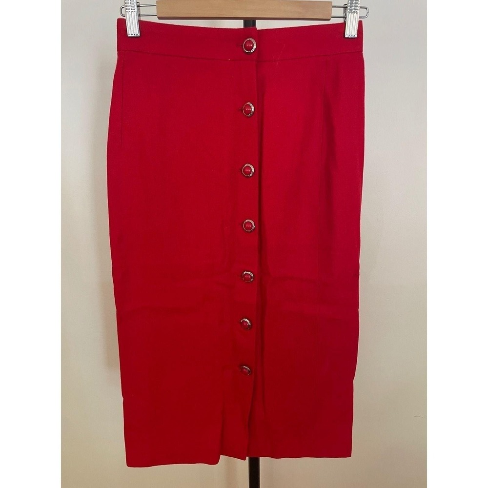 Vintage Red Wool Button Down High Waisted Midi Pencil Skirt